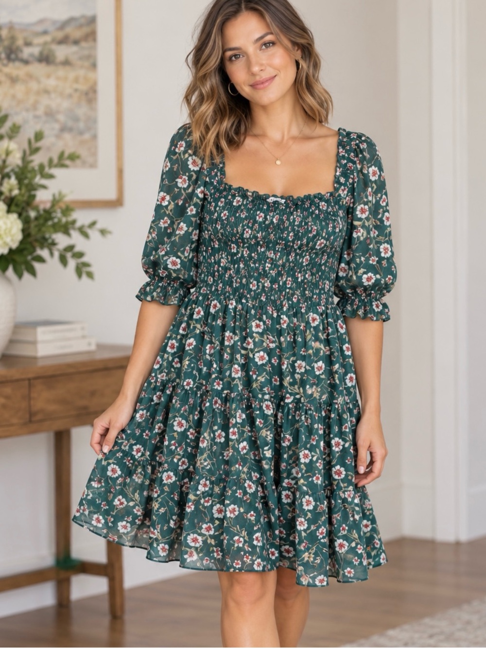 BALTIC BORN | Green Floral Smocked Puff Sleeves Tiered Mini Dress Sz. Medium